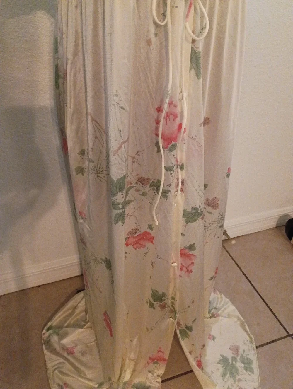 Vintage Floral Ivory & Pink Maxi Nightgown with Drawstring Waist